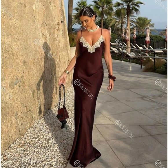 NWT ZARA LACE SLIP DRESS ZW COLLECTION satin silk maxi dress Lingerie Burgundy - Picture 9 of 16